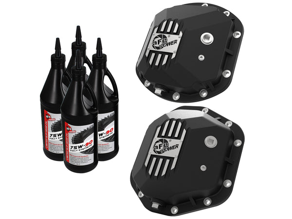 AFE: Street Series Front & Rear Differential Covers Black w/ Machined Fins & Gear Oil Jeep Wrangler (TJ & JK) 97-18 (Dana 30 & Dana 44)