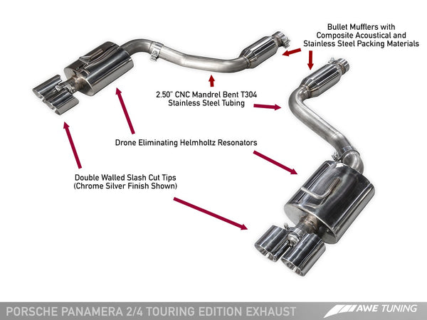 AWE: 2011-13 Porsche 970 Panamera - 2/4 Touring Edition Exhaust (Chrome Silver Tips)
