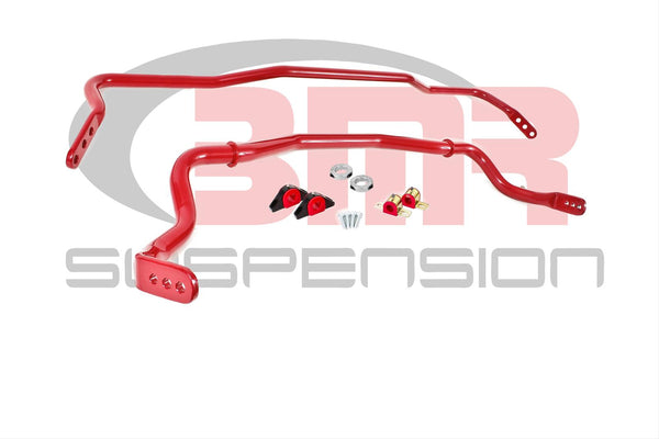 BMR:  2015-2018 Ford Mustang S550 Sway bar kit with bushings, front (SB044H) and rear (SB045H) Red