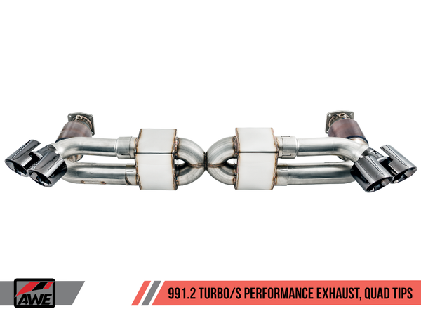 AWE: 2017-2019 Porsche 991.2 Turbo | Turbo S 3.8T - Performance Exhaust and High-Flow Cat Sections Chrome Silver Quad Tips